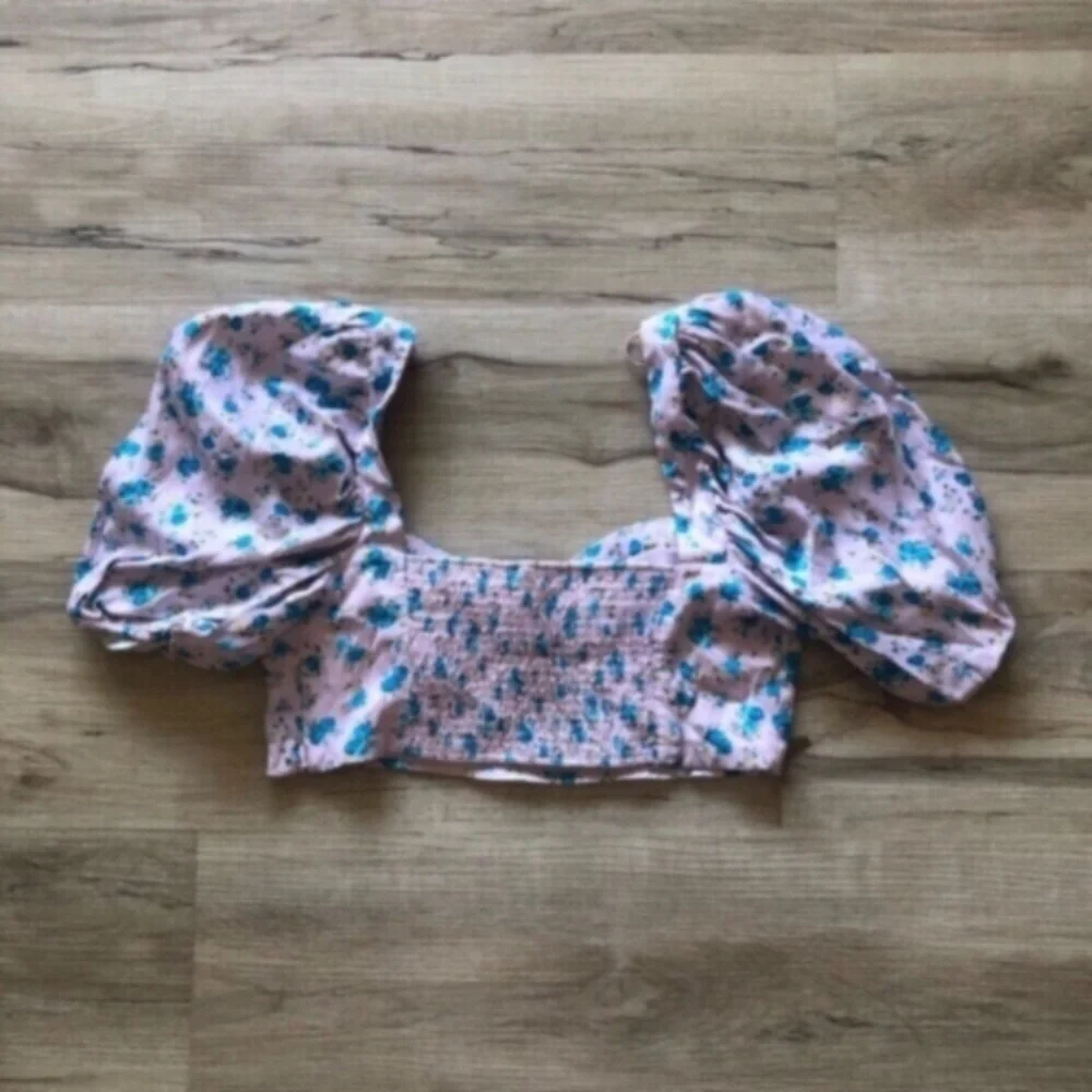 Zara White and Blue Puff Sleeve Crop Top - Picture 7 of 11